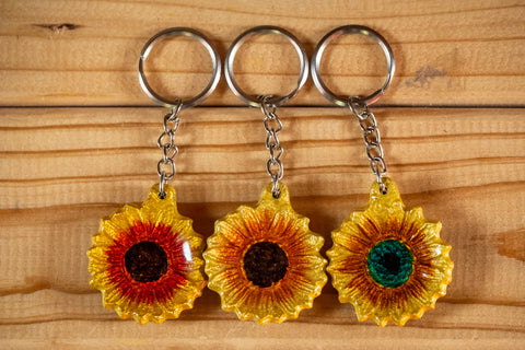 Coloured Sunflower Keyrings 4 cm (Trade min 24 per box) (Pre-Order NOW - In Stock October 2023)