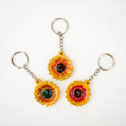 Coloured Sunflower Keyrings 4 cm (Trade min 24 per box) (Pre-Order NOW - In Stock October 2023)